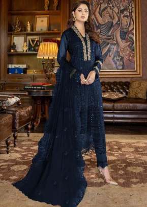 Heavy Faux Georgette With Embroidery And Sequence Work Pakistani Suit Nevy Blue Color DN 9118 B