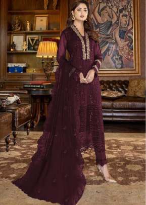 Heavy Faux Georgette With Embroidery And Sequence Work Pakistani Suit Wine Color DN 9118 C