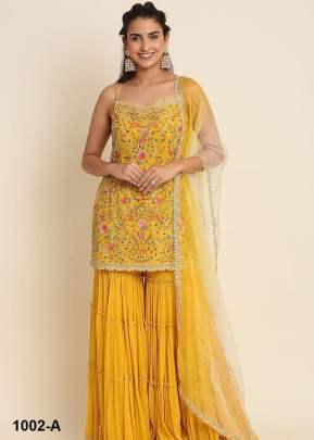 Heavy Faux Georgette With Embroidery And Sequence Work Sharara Suit Mustard Yellow Color DN 1002