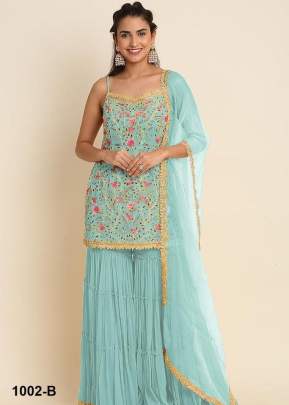 Heavy Faux Georgette With Embroidery And Sequence Work Sharara Suit Sky blue Color DN 1002