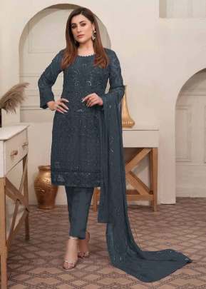 Heavy Faux Georgette With Embroidery  Sequence Work Pakistani Suit Grey Color DN 1014