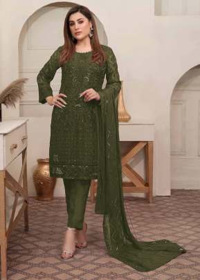 Heavy Faux Georgette With Embroidery  Sequence Work Pakistani Suit Mehndi Color DN 1014