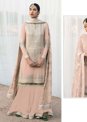 Heavy Faux Georgette With Embroidery Sequence Work With Stone And Mirror Work Pakistani Suit Light Peach Color DN 1023