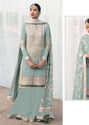 Heavy Faux Georgette With Embroidery Sequence Work With Stone And Mirror Work Pakistani Suit Light Teal Color DN 1023