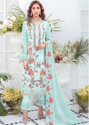 Heavy Faux Georgette With Heavy Embroidery And Stone Work Pakistani Suit Sky Color DN 9107