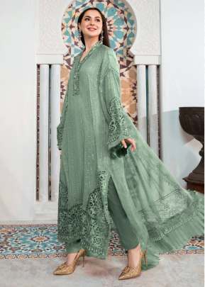 Heavy Faux Georgette With Heavy Embroidery Sequence Work Pakistani Suit Light Pista Color DN 9111