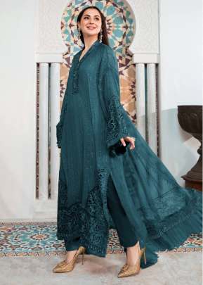 Heavy Faux Georgette With Heavy Embroidery Sequence Work Pakistani Suit Teal Color DN 9111