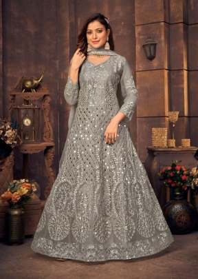 Heavy Net With Chain Stitch And Fiber Glass Work Anarkali Gown Grey Color DN 1134