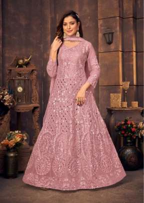 Heavy Net With Chain Stitch And Fiber Glass Work Anarkali Gown Pink Color DN 1134