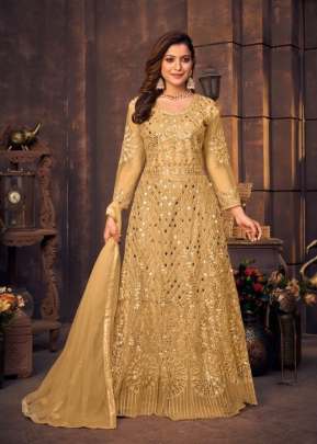 Heavy Net With Chain Stitch And Fiber Glass Work Anarkali Gown Yellow Color DN 1141