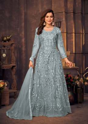 Heavy Net With Chain Stitch And Fiber Glass Work Anarkali Gown Grey Color DN 1141
