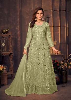 Heavy Net With Chain Stitch And Fiber Glass Work Anarkali Gown Pista Color DN 1141