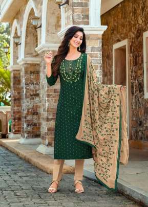 Jow Vol 1 14 Kg Rayon Print With Sequence Kurti Pant With Dupatta Green Color DN 22004