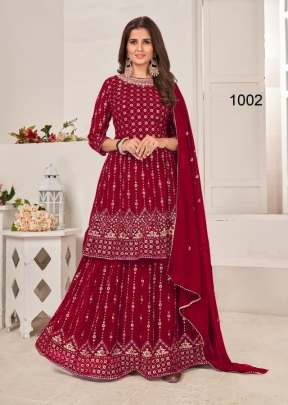 Kaira Blooming Faux Georgette With Sequence And Embroidery Work Palazzo Suit Red Color DN 1002