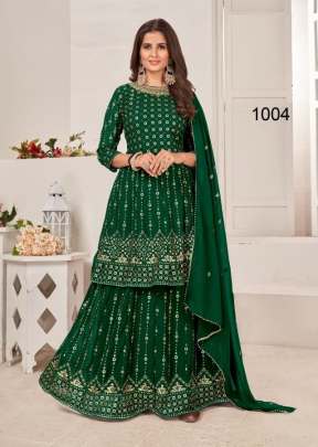 Kaira Blooming Faux Georgette With Sequence And Embroidery Work Palazzo Suit Green Color DN 1004