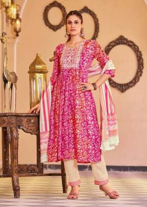 Kaveri Pure Mul Cotton Nayra Cut Kurti With Work Kurti With Bottom Dupatta Pink Color DN 1001