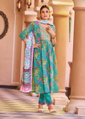 Kaveri Pure Mul Cotton Nayra Cut Kurti With Work Kurti With Bottom Dupatta Sky Color Color DN 1002