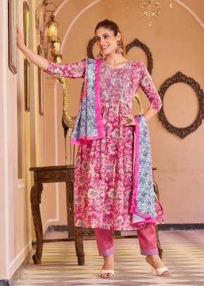 Kaveri Pure Mul Cotton Nayra Cut Kurti With Work Kurti With Bottom Dupatta Pink Color DN 1003