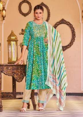 Kaveri Pure Mul Cotton Nayra Cut Kurti With Work Kurti With Bottom Dupatta Rama Green Color DN 1004