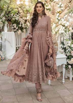 LFH Faux Georgette Embroidery Work Pakistani Suit Chiku Color DN 102