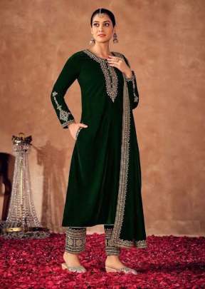 Lt Nitya Afreen Pure Viscos Velvet With Embroidery Winter Salwar Suit Green Color DN 8100 A