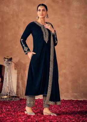 Lt Nitya Afreen Pure Viscos Velvet With Embroidery Winter Salwar Suit Nevy Blue Color DN 8100 E