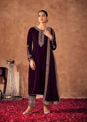 Lt Nitya Afreen Pure Viscos Velvet With Embroidery Winter Salwar Suit Wine Color DN 8100 F