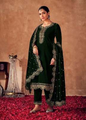 Lt Nitya Alina Pure Viscos Velvet With Embroidery Winter Salwar Suit Green Color DN 4100 A