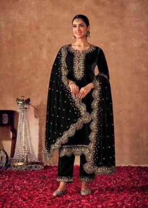 Lt Nitya Alina Pure Viscos Velvet With Embroidery Winter Salwar Suit Black Color DN 4100 B