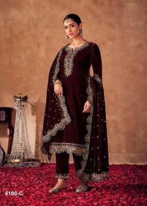 Lt Nitya Alina Pure Viscos Velvet With Embroidery Winter Salwar Suit Maroon Color DN 4100 C