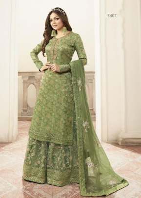 Lt Nitya Dola Jacquards With Embroidery Work Palazzo Suit Green Color DN 5407