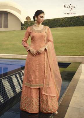 Lt Nitya Dola Jacquards With Embroidery Work Palazzo Suit Peach Color DN 6701