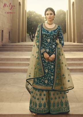 Lt Nitya Dola Jacquards With Embroidery Work Palazzo Suit Rama Green Color DN 6703