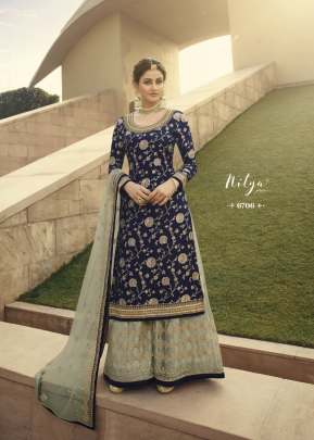 Lt Nitya Dola Jacquards With Embroidery Work Palazzo Suit Nevy Blue Color DN 6706