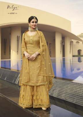 Lt Nitya Dola Jacquards With Embroidery Work Palazzo Suit Yellow Color DN 6707