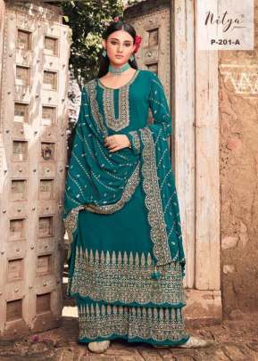 Lt Nitya Heavy Faux Georgette With Embroidery With Sequence Work Palazzo Suit Teal Color DN 201