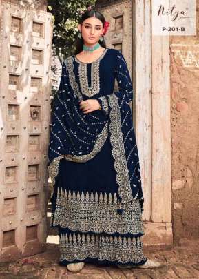 Lt Nitya Heavy Faux Georgette With Embroidery With Sequence Work Palazzo Suit Nevy Blue Color DN 201