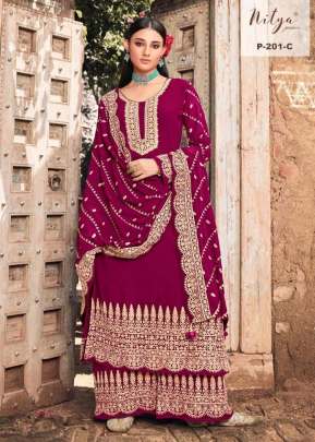 Lt Nitya Heavy Faux Georgette With Embroidery With Sequence Work Palazzo Suit Rani Color DN 201