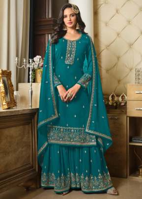 Lt Nitya Heavy Faux Georgette With Embroidery Work With Sequence Work Palazzo Suit Teal Color DN 8301