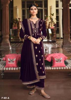 Lt Nitya Pure Viscos Velvet With Embroidery Winter Salwar Suit Wine Color DN 401 A