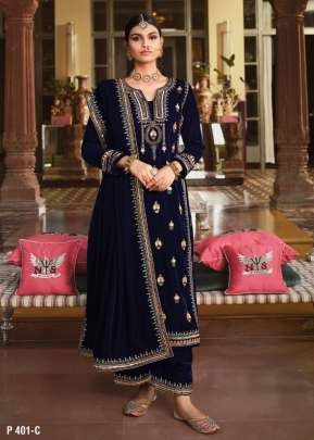 Lt Nitya Pure Viscos Velvet With Embroidery Winter Salwar Suit Nevy Blue Color DN 401 C