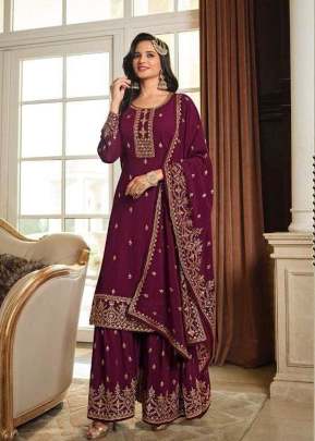 Lt Nitya Vol 183 Heavy Faux Blooming Georgette With Embroidery And Sequence Work Palazzo Suit Wine Color DN 8303