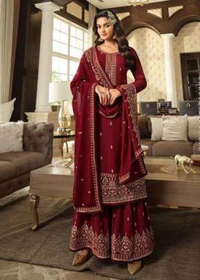 Lt Nitya Vol 183 Heavy Faux Blooming Georgette With Embroidery And Sequence Work Palazzo Suit Maroon Color DN 8305