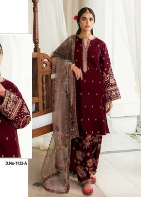 Maaria A 9000 Velvet With Embroidery Sequence Work Pakistani Suit Maroon Color DN 1132