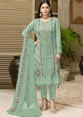 Maaria-A Exclusive Heavy Faux Georgette With Heavy Embroidery Pakistani Suit Light Pista Color DN 9123 B