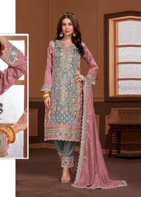 Maaria A Heavy Vichitra With Embroidery Sequence Work Pakistani Suit Grey And Pink Color DN 1120