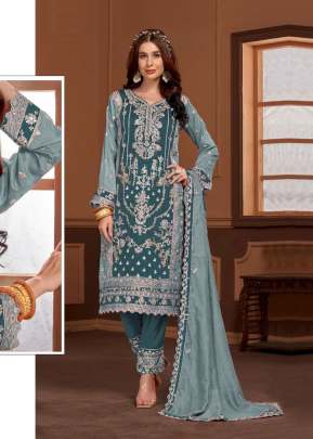 Maaria A Heavy Vichitra With Embroidery Sequence Work Pakistani Suit Rama And Sky Color DN 1120