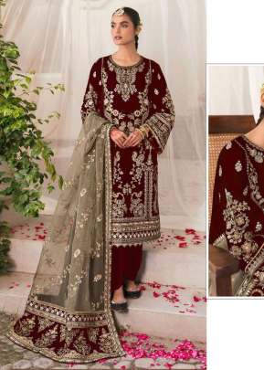 Mah E Rooh 9000 Velvet With Heavy Embroidery Sequence Work Winter Suit Maroon Color DN 5195 