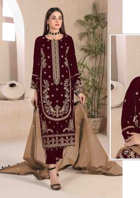 Mah E Rooh 9000 Velvet With Heavy Embroidery Sequence Work Winter Suit Maroon Color DN 4165