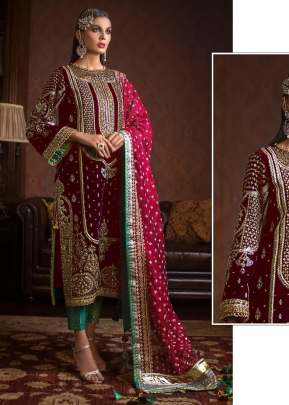 Mah E Rooh Designer Velvet With Heavy Embroidery Sequence Work Suit Maroon Color DN 4112 